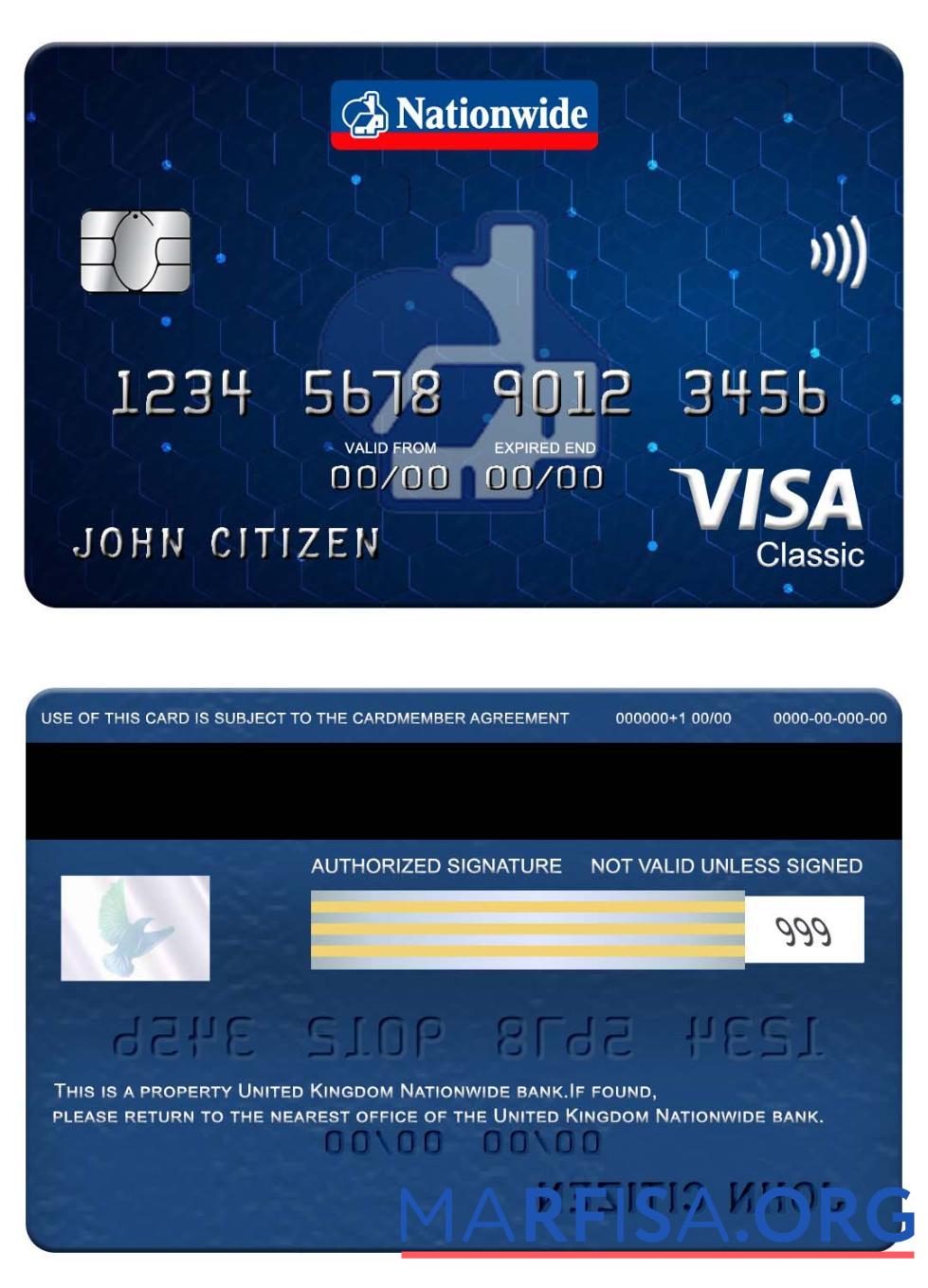 Realistic United Kingdom Nationwide bank visa classic card template